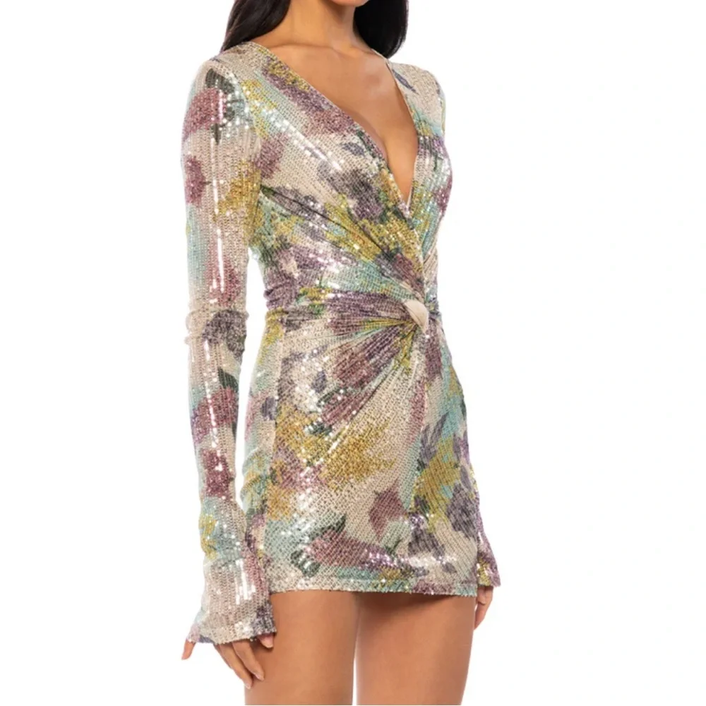 sheer sparkly dress Zeta Sheer Embellished Long Sleeve A-Line Mini Dress in Almond